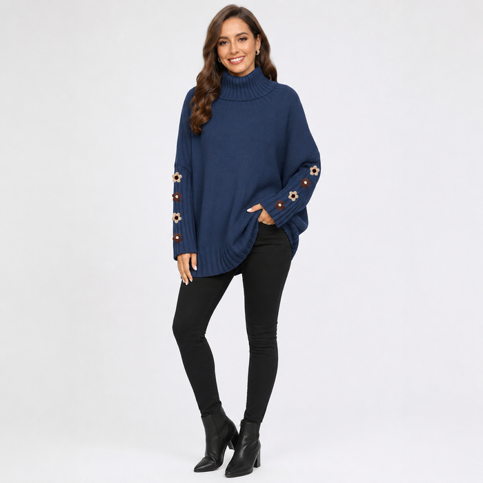 Navy blue women's high-neck knit sweater with floral sleeve details shown full-body on a clean white studio background.