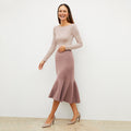 Front image of a woman wearing the leah skirt in rose taupe | Lead