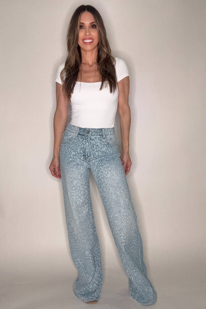 Style the Leopard Printed Blue Stretch Straight Leg Jeans exclusively at Born To Glam