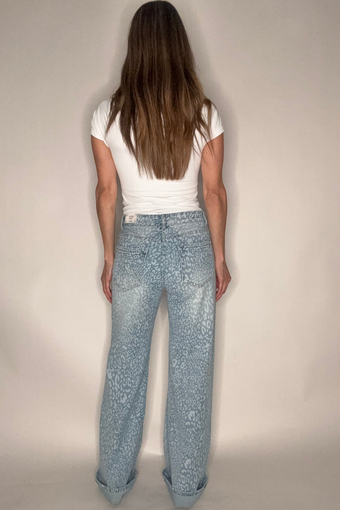 Style the Leopard Printed Blue Stretch Straight Leg Jeans exclusively at Born To Glam