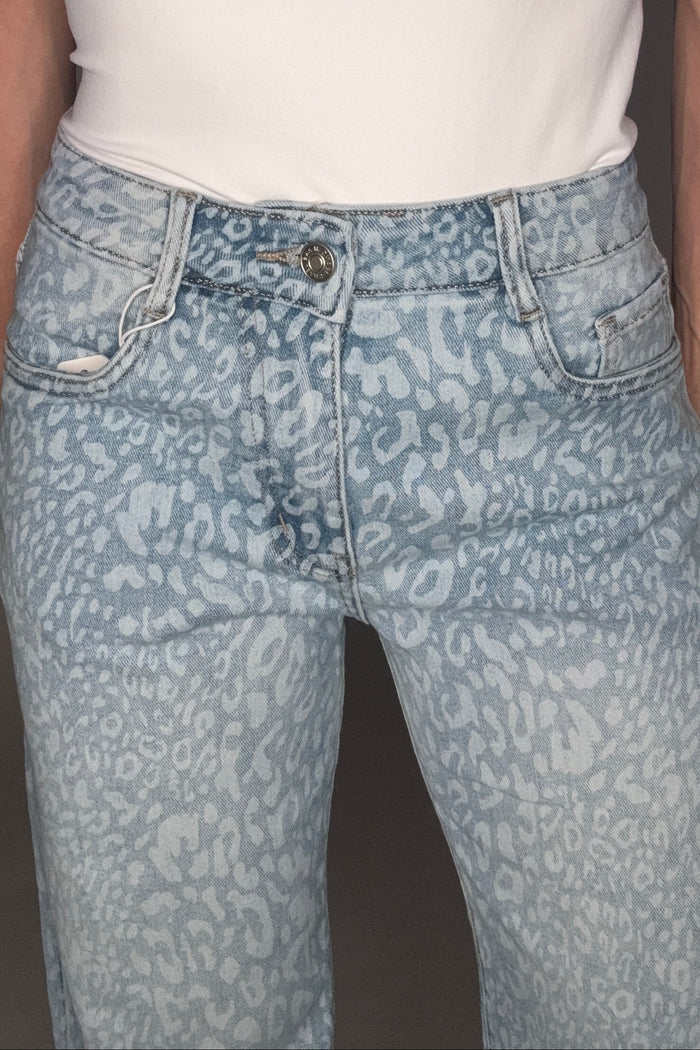 Style the Leopard Printed Blue Stretch Straight Leg Jeans exclusively at Born To Glam