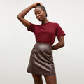 Front image of a woman wearing the leslie tshirt in maroon | Lead