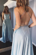 Light Blue Criss Back Long Prom Dress with Pockets