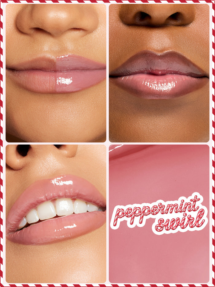 Four-panel close-up collage showing glossy pink lips wearing a tarte maracuja juicy lip plump, with swatch panel reading peppermint swirl