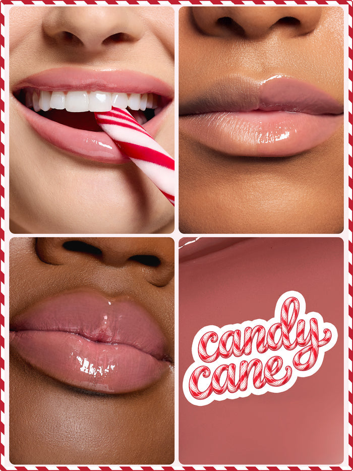 Four-panel close-up collage showing glossy pink lips wearing a tarte maracuja juicy lip plump, with swatch panel reading cancy came