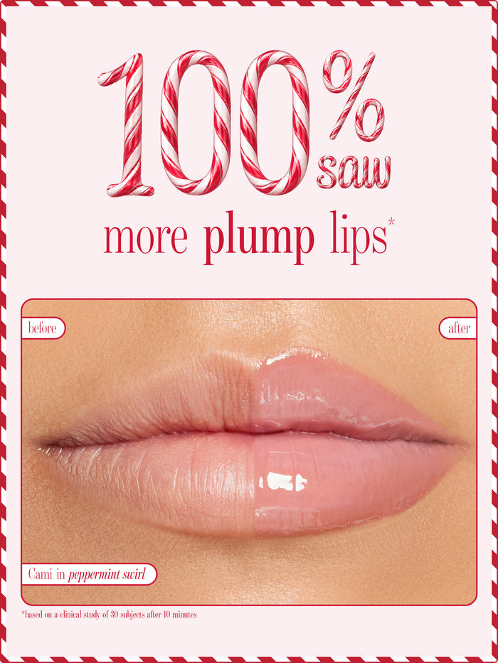 A promotional graphic for tarte limited edition maracuja juicy lip plump showing a before-and-after comparison  The top text reads '100% saw immediate hydration' in red and white candy cane-style lettering on a pale pink background.