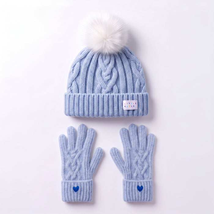 Little Curls Powder Blue Cable Knit Satin-Lined Beanie & Glove Set - Only Curls