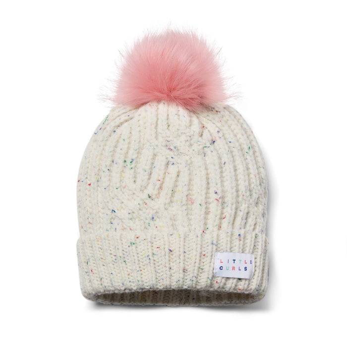 Little Curls Satin Lined Knitted Beanie Hat - Ivory Speckle with Pom Pom - Only Curls