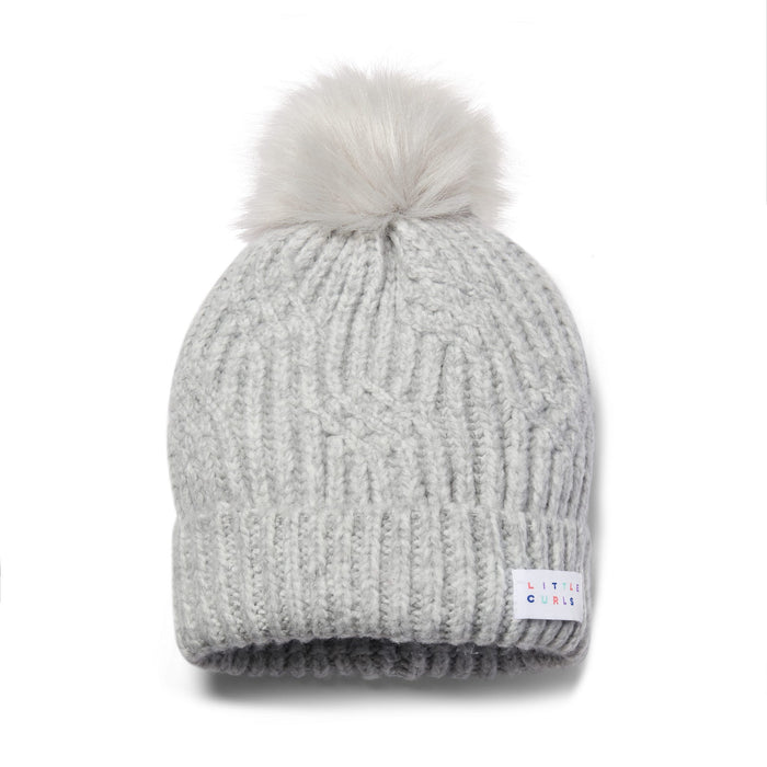 Little Curls Satin Lined Knitted Beanie Hat - Soft Grey with Pom Pom - Only Curls