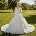 Long Sleeve Sparkly Ball Gown Wedding Dress with V-Neck Lace - Rosymae
