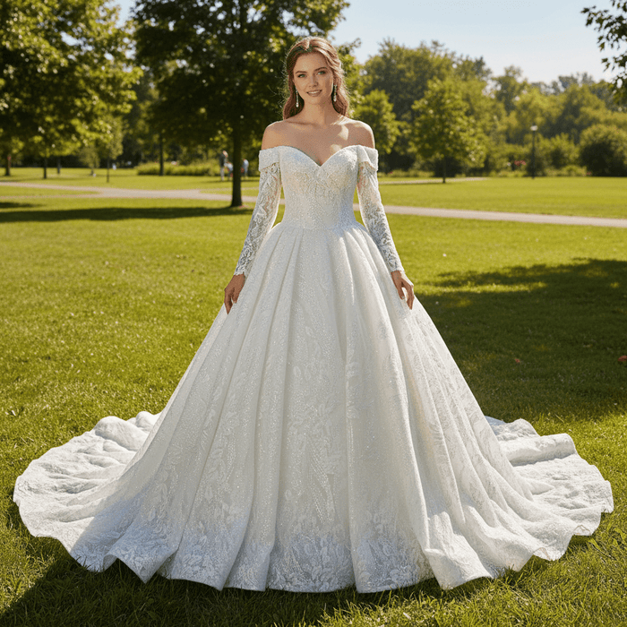 Long Sleeve Sparkly Ball Gown Wedding Dress with V-Neck Lace - Rosymae