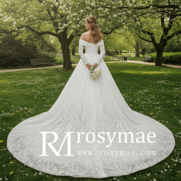 Long Sleeve Sparkly Ball Gown Wedding Dress with V-Neck Lace - Rosymae