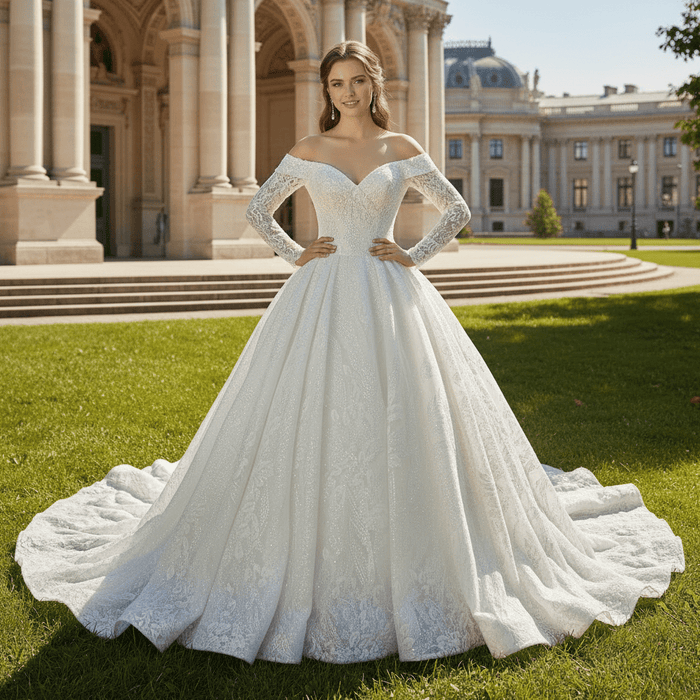 Long Sleeve Sparkly Ball Gown Wedding Dress with V-Neck Lace - Rosymae