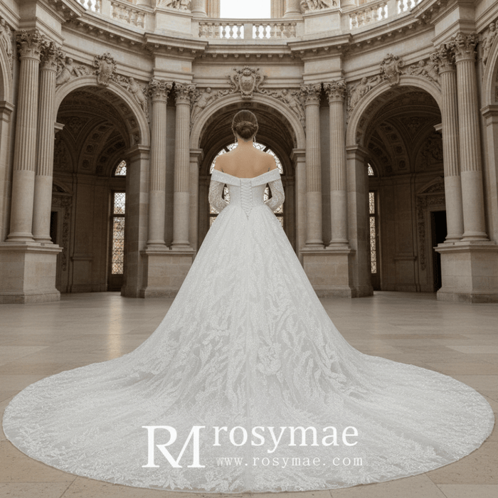 Long Sleeve Sparkly Ball Gown Wedding Dress with V-Neck Lace - Rosymae