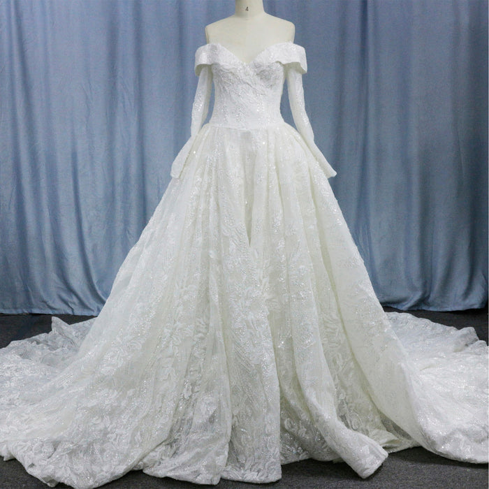 Long Sleeve Sparkly Ball Gown Wedding Dress with V-Neck Lace - Rosymae