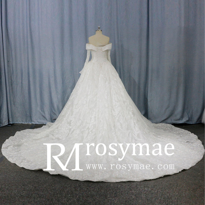 Long Sleeve Sparkly Ball Gown Wedding Dress with V-Neck Lace - Rosymae