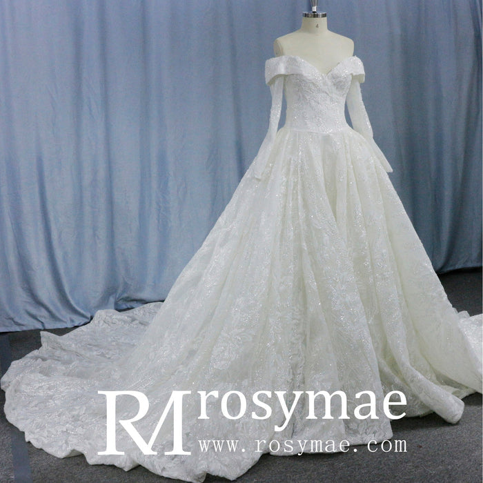 Long Sleeve Sparkly Ball Gown Wedding Dress with V-Neck Lace - Rosymae