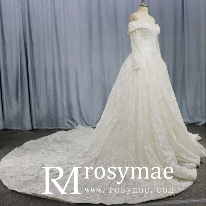 Long Sleeve Sparkly Ball Gown Wedding Dress with V-Neck Lace - Rosymae