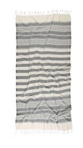 A striped beach towel in gray and white, with fringed edges.