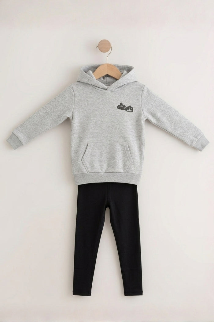 Luna Girls Leggings & Hoodie Set - Grey Marl/Black