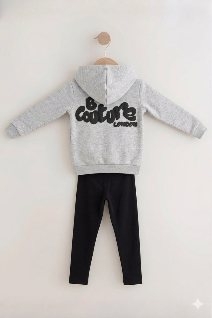 Luna Girls Leggings & Hoodie Set - Grey Marl/Black
