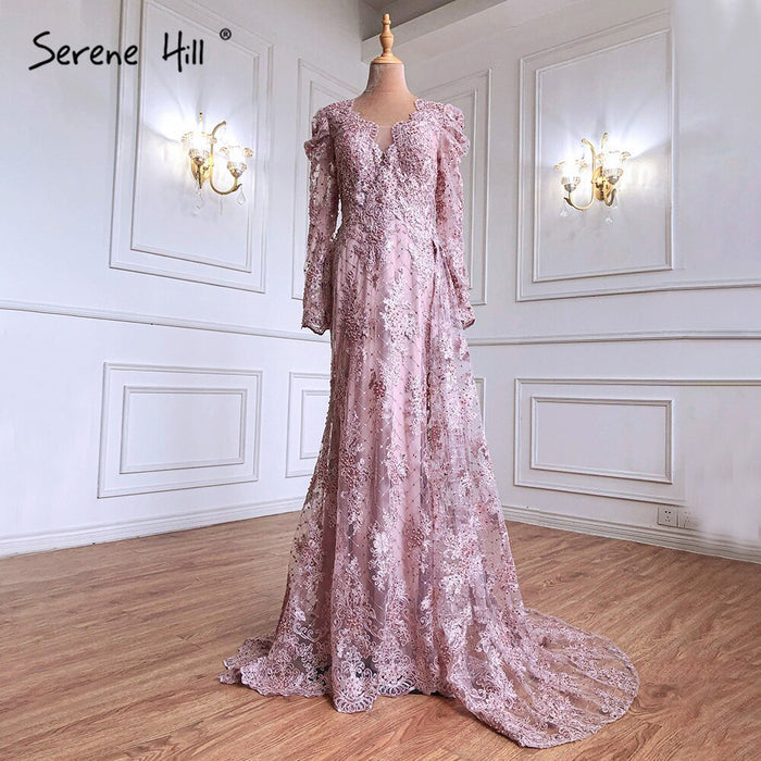 Luxury Muslim Pink Lace Evening Dresses With Overskirt Long Sleeve LA71164 on sale - SERENE HILL