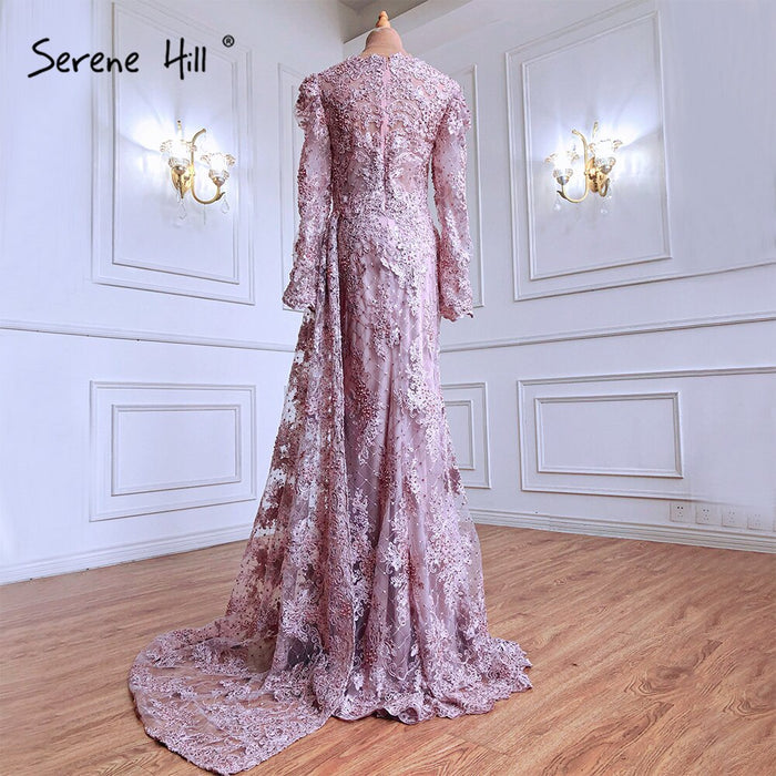 Luxury Muslim Pink Lace Evening Dresses With Overskirt Long Sleeve LA71164 on sale - SERENE HILL