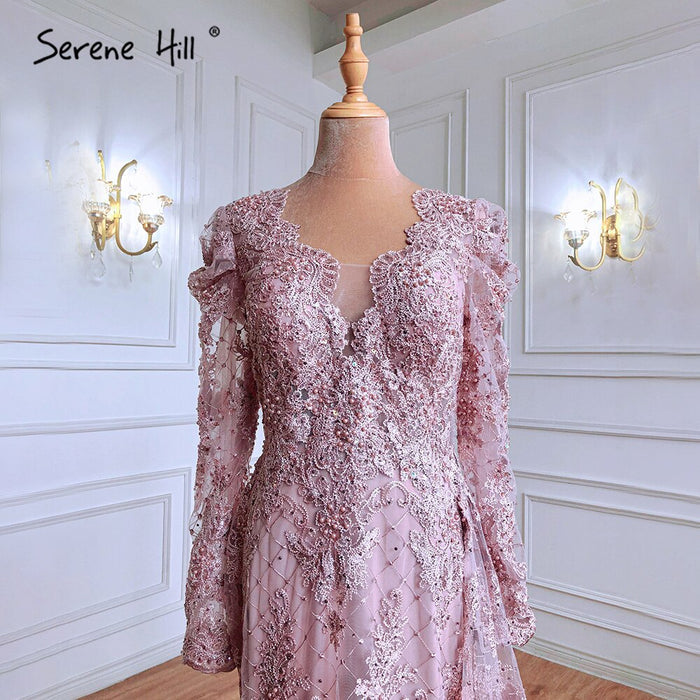 Luxury Muslim Pink Lace Evening Dresses With Overskirt Long Sleeve LA71164 on sale - SERENE HILL