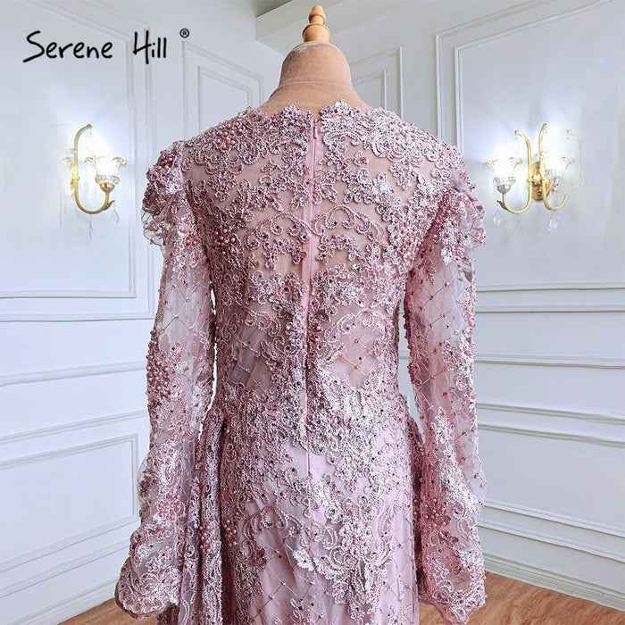 Luxury Muslim Pink Lace Evening Dresses With Overskirt Long Sleeve LA71164 on sale - SERENE HILL
