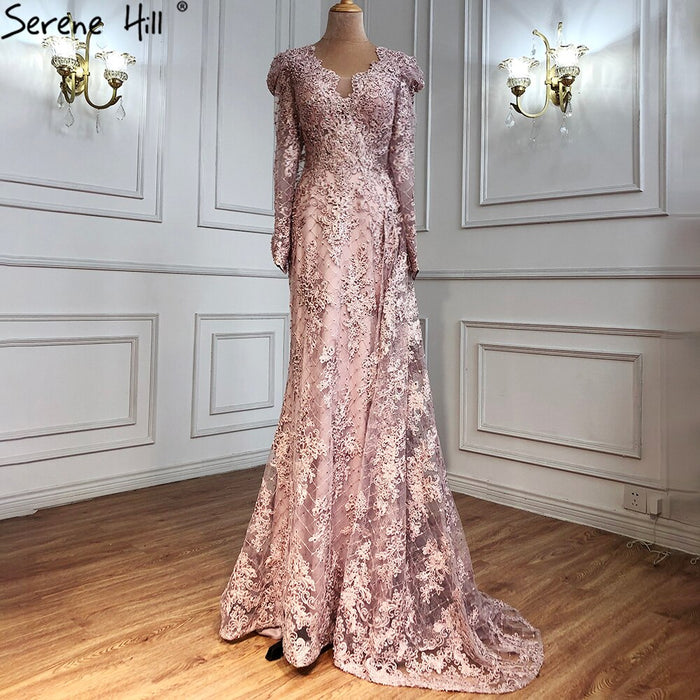 Luxury Muslim Pink Lace Evening Dresses With Overskirt Long Sleeve LA71164 on sale - SERENE HILL