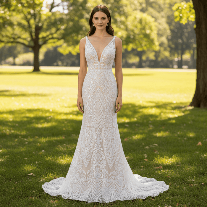 Luxury Plunging Neck Tank Straps Lace Mermaid Wedding Dress - Rosymae