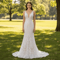 Luxury Plunging Neck Tank Straps Lace Mermaid Wedding Dress - Rosymae