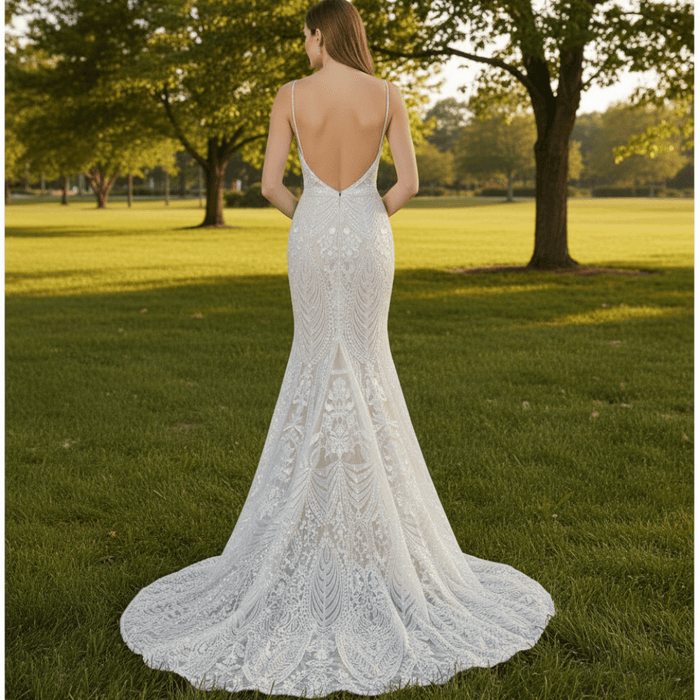 Luxury Plunging Neck Tank Straps Lace Mermaid Wedding Dress - Rosymae