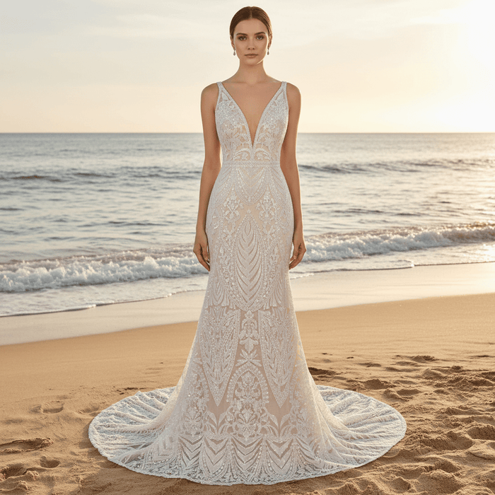 Luxury Plunging Neck Tank Straps Lace Mermaid Wedding Dress - Rosymae