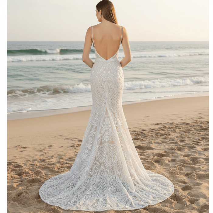 Luxury Plunging Neck Tank Straps Lace Mermaid Wedding Dress - Rosymae