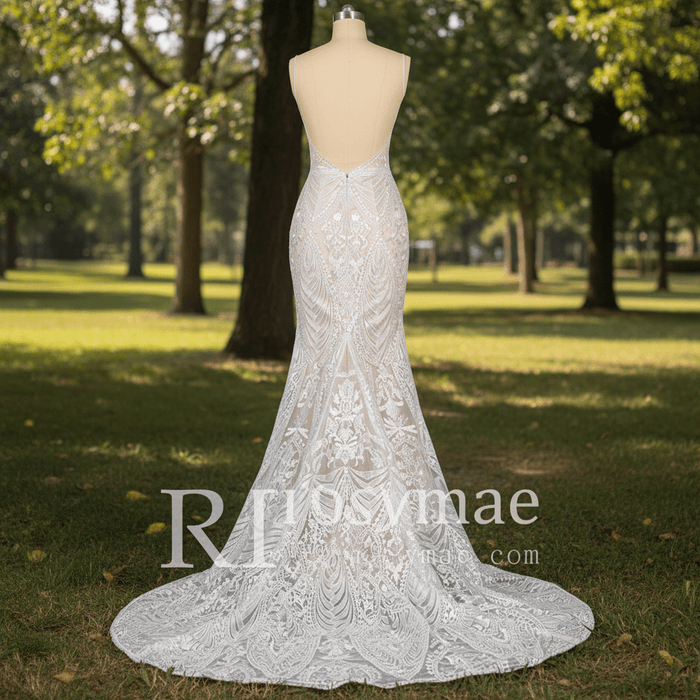 Luxury Plunging Neck Tank Straps Lace Mermaid Wedding Dress - Rosymae