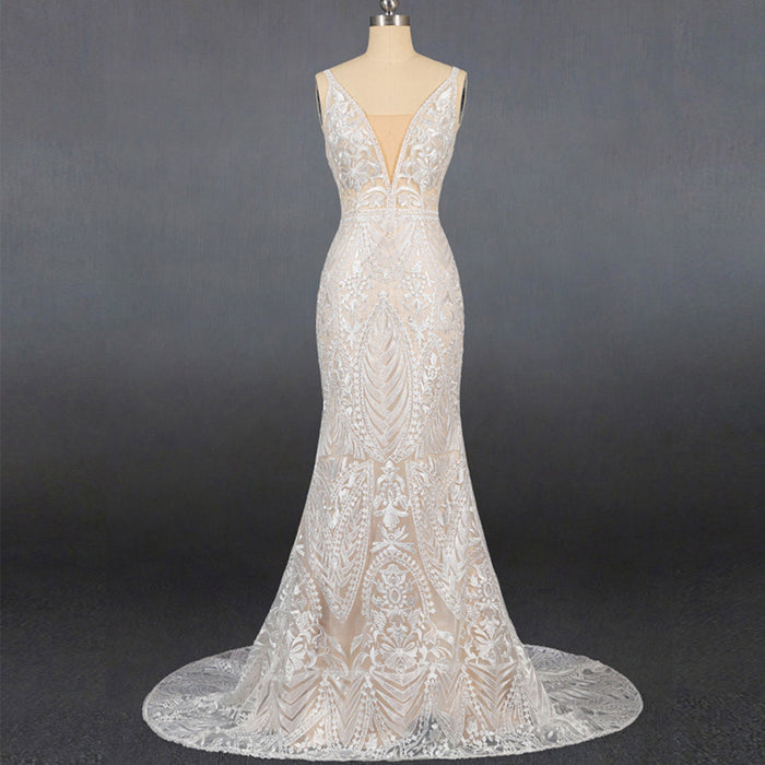 Luxury Plunging Neck Tank Straps Lace Mermaid Wedding Dress - Rosymae
