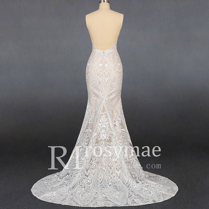 Luxury Plunging Neck Tank Straps Lace Mermaid Wedding Dress - Rosymae