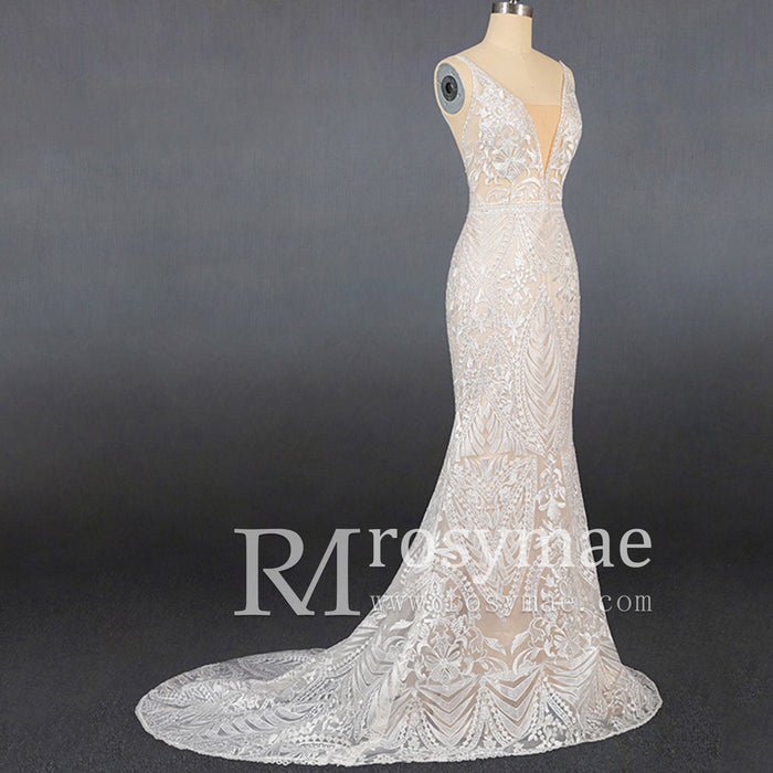 Luxury Plunging Neck Tank Straps Lace Mermaid Wedding Dress - Rosymae