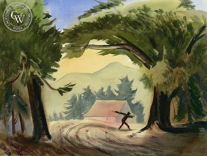 Man Carrying Stakes, c. 1942, watercolor painting by Leon Amyx (American art). Original painting and fine art giclée reproduction by California Watercolor for wall decor.