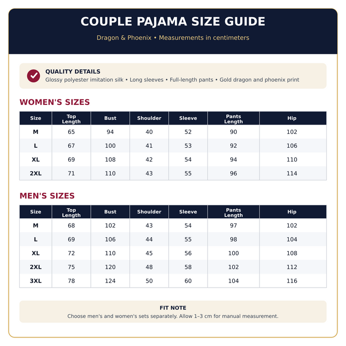 Matching couple pajamas size guide with separate men's and women's measurements for top, bust, shoulder, sleeve, pants and hip.
