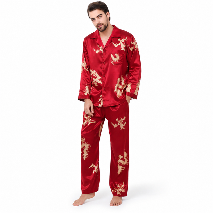 Men's burgundy matching couple pajamas with gold dragon and phoenix print, glossy long-sleeve top and full-length pants.