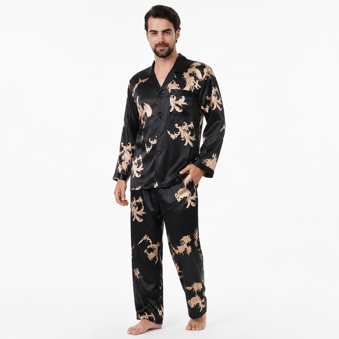 Men's classic black matching couple pajamas with gold dragon and phoenix print, glossy long-sleeve top and full-length pants.