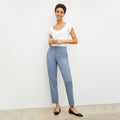 Front image of a woman wearing the mejia pant in indigo and white | Lead