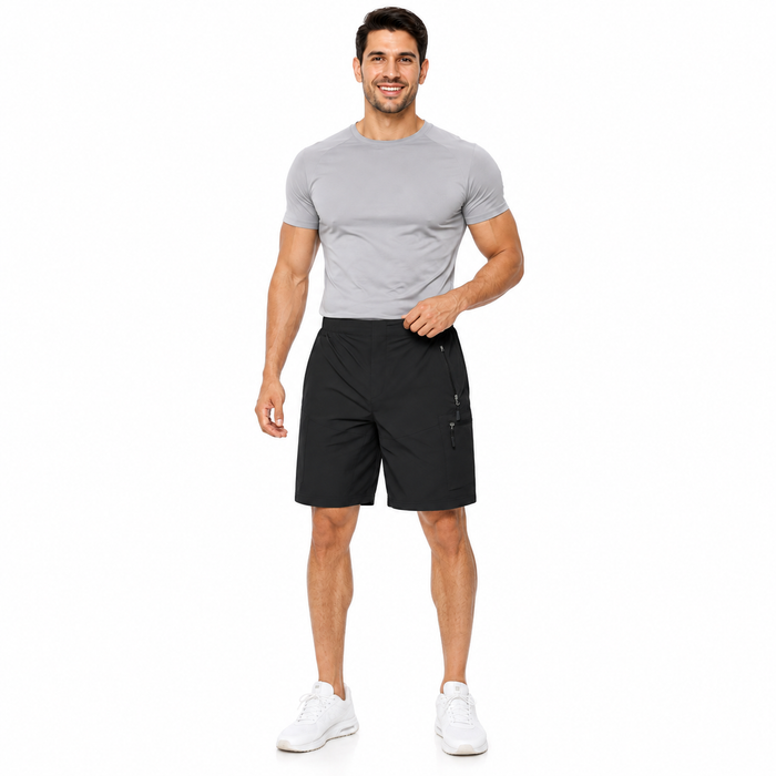 Men's black cargo shorts front view on male model with zipper pocket details