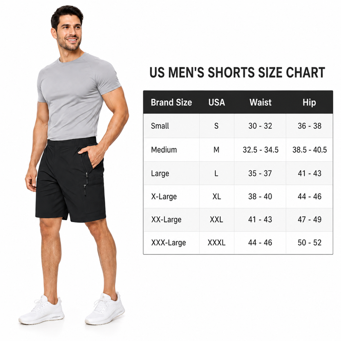 Men's cargo shorts size chart with male model wearing black utility shorts