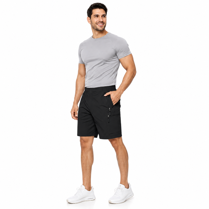 Men's black cargo shorts on male model with zipper pockets and utility style