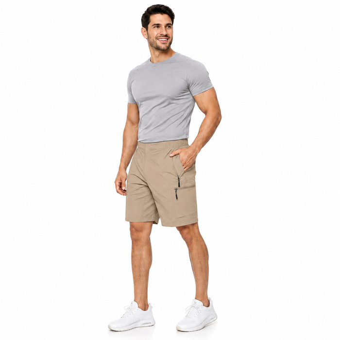 Men's khaki cargo shorts on male model with zipper pockets and casual utility style