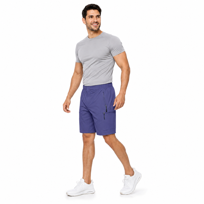 Men's navy cargo shorts on male model in walking pose with multi-pocket utility design