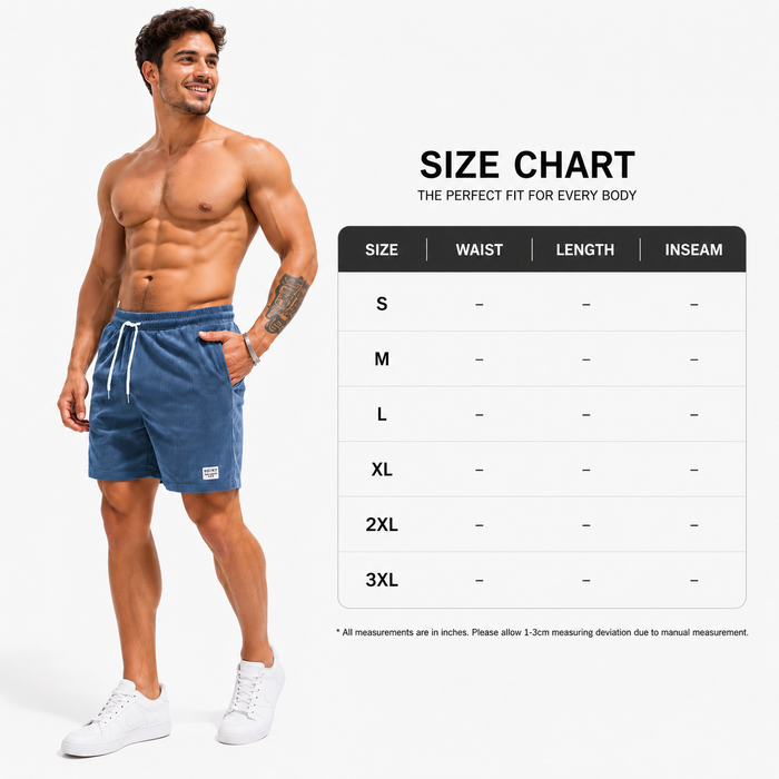 Men's blue corduroy shorts with drawstring waist shown beside a size chart listing S, M, L, XL, 2XL and 3XL.